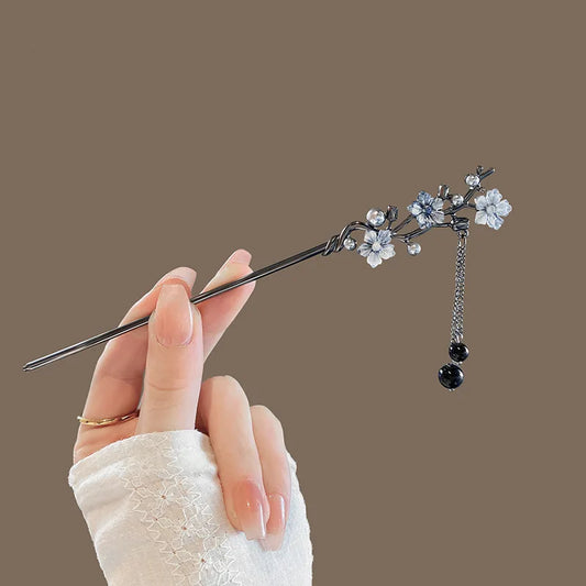 Elegant Ink Flower Tassel Hairpin Forks for Women - Modern Hanfu Hair Jewelry with Black Beads Fringe