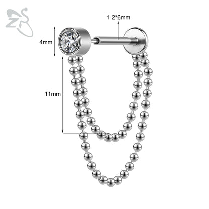 ZS 16G Stainless Steel Stud Earrings for Women and Girls with CZ Crystal Tassel Drop Design