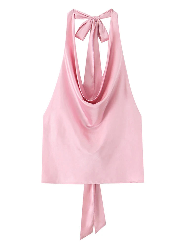 Satin Halter Top With Adjustable Tie Open Back Beach Blouse