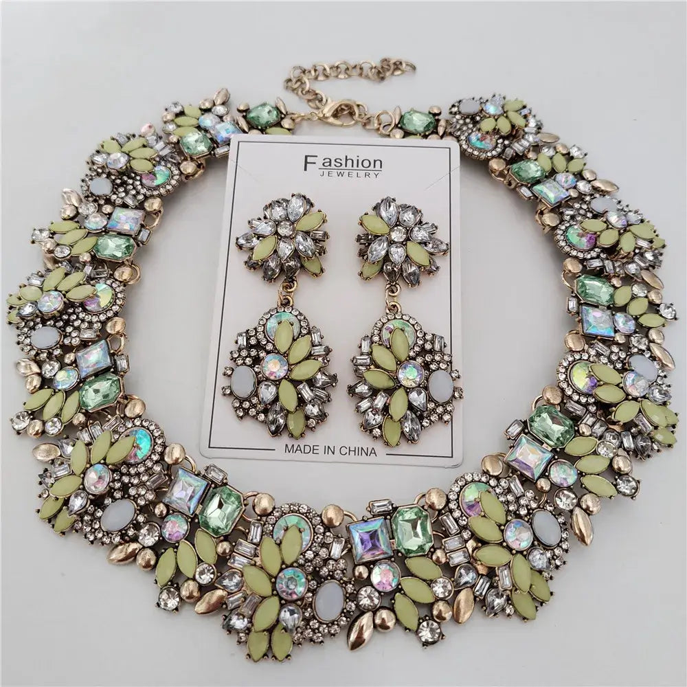 Indian Ethnic Crystal Rhinestone Necklace Earrings Set for Bridal 2024 Jelly Green Sets