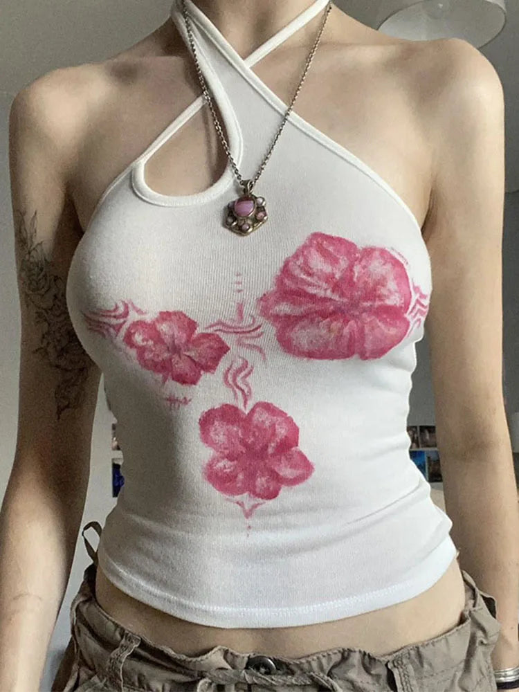 Y2K Vintage Floral Halter Crop Top For Women Harajuku Style