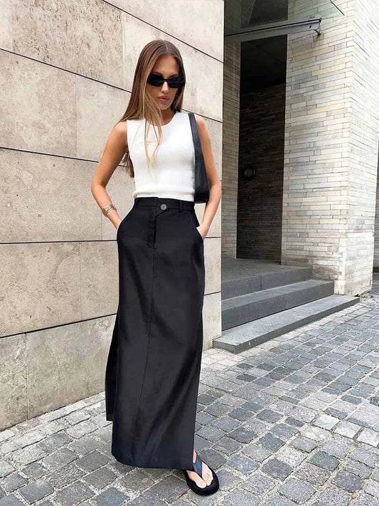 Black Loose Ankle Length A Line Skirt With Pocket Zip Women