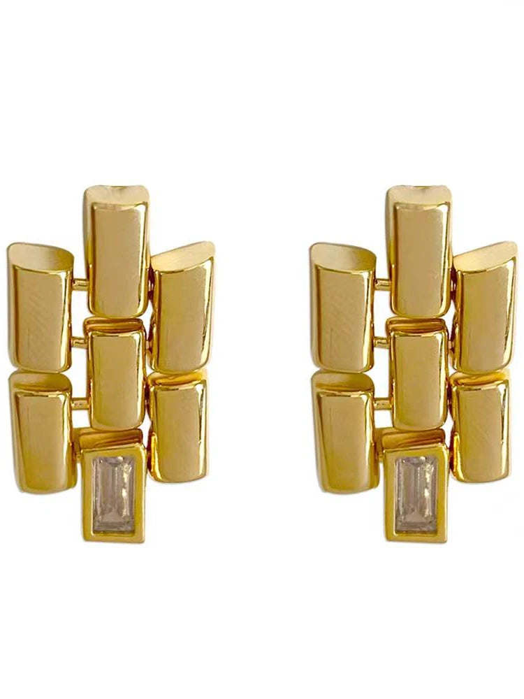 2023 Geometric Metal Splicing Women's Stud Earrings with Zircon Accent Fashion Jewelry Accessories