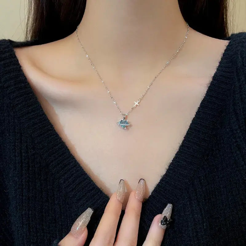 Korean Fashion Vintage Blue Crystal Pendant Necklace