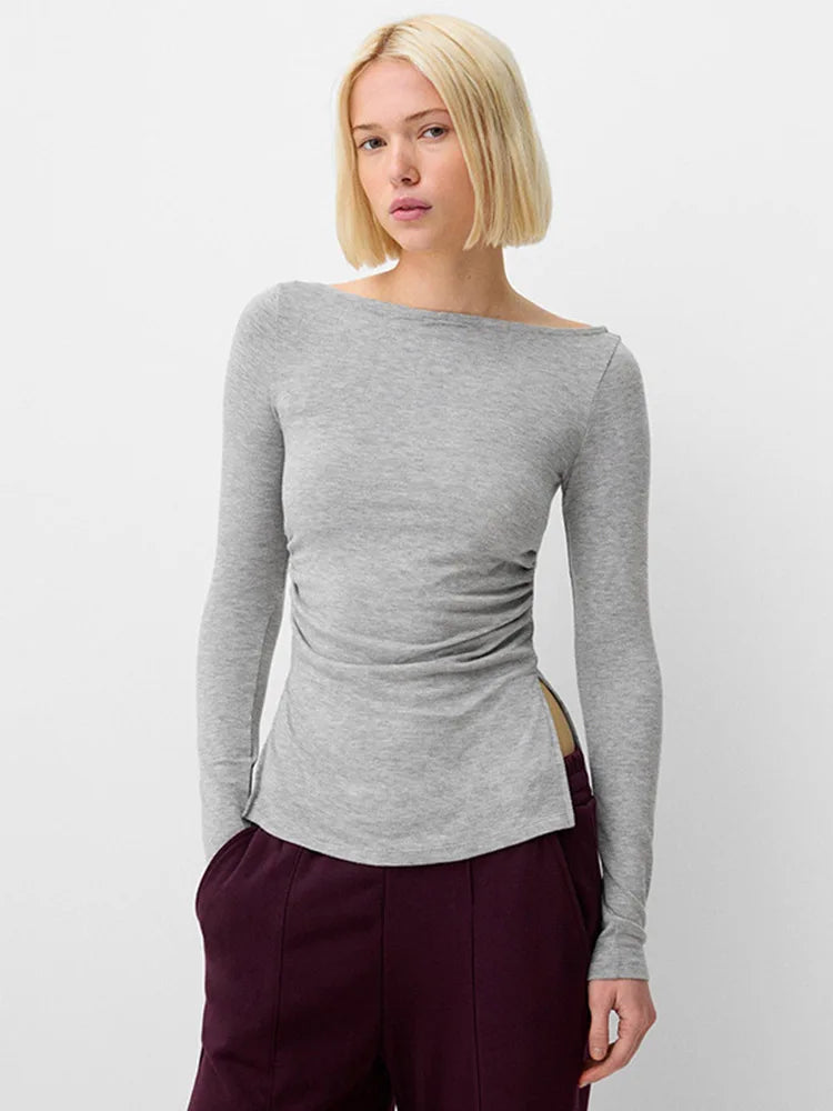 Wine Red Slim Split Crop Long Sleeve Tee Y2K Streetwear