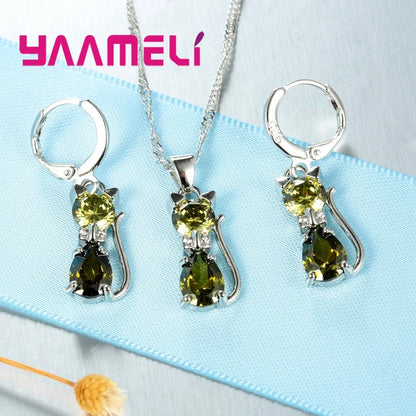 Elegant 925 Sterling Silver Cat Pendant Necklace and Earrings Set with Austrian Crystals for Women