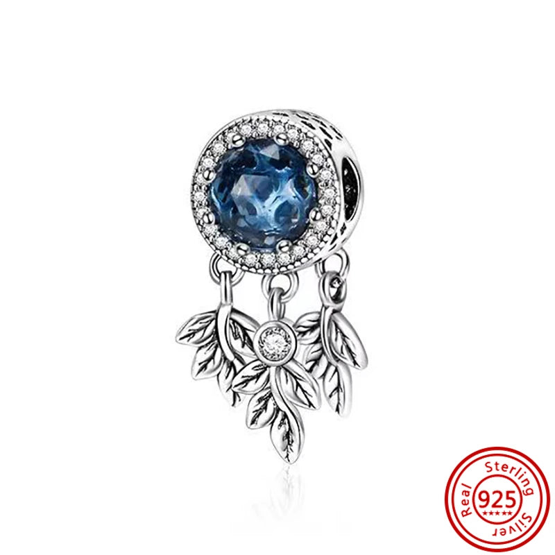 Sterling Silver Blue Zircon Feather Crown Moon Pendant Charm Bracelet Beads H248 3mm-4mm