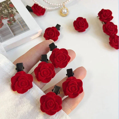 Velvet Rose Hairpins Set for Women and Girls - Elegant Red Flower Hair Clips for Weddings and Special Occasions