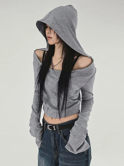 Dozw Hooded Cropped Tee for Women Y2K Streetwear Cotton