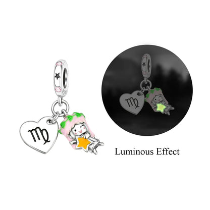 925 Sterling Silver Zodiac Charms with Luminous Stars Zircon Pendants for DIY Bracelets Fine Jewelry Gift