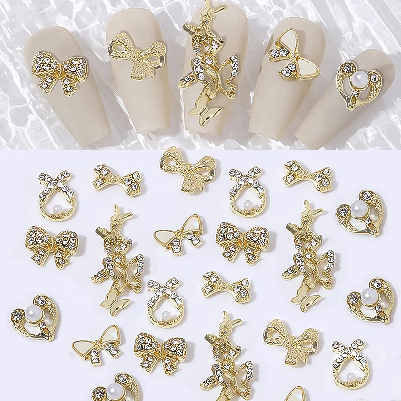 Elegant Gold Silver Metal Bowknot Nail Charm 3D Rhinestone Decor for DIY Manicure Art
