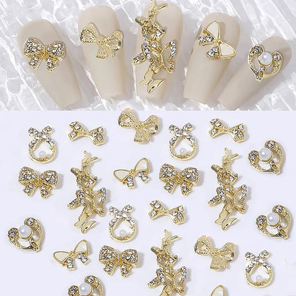 Elegant Gold Silver Metal Bowknot Nail Charm 3D Rhinestone Decor for DIY Manicure Art