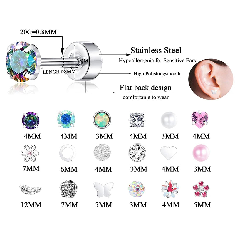 2PCS Set Stainless Steel Heart Moon Stud Earrings for Women Trendy Ear Tragus Cartilage Body Piercing