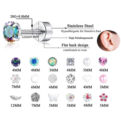 2PCS Set Stainless Steel Heart Moon Stud Earrings for Women Trendy Ear Tragus Cartilage Body Piercing