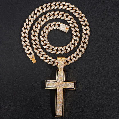 Punk Luxury Rhinestone Cross Pendant Cuban Link Necklace for Women and Men Hip Hop Iced Out Jewelry