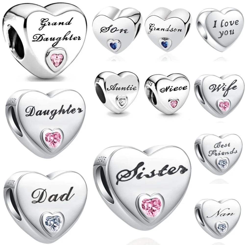 European 925 Sterling Silver Heart Charm Bead for Sister and Daughter Jewelry Perfect for Mother's Day Gifts
