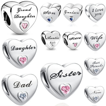 European 925 Sterling Silver Heart Charm Bead for Sister and Daughter Jewelry Perfect for Mother's Day Gifts