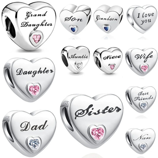 European 925 Sterling Silver Heart Charm Bead for Sister and Daughter Jewelry Perfect for Mother's Day Gifts