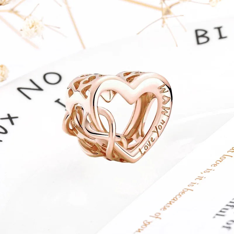 Rose Gold Winged Angel Heart Charm Bead Pink Daisy Spacer