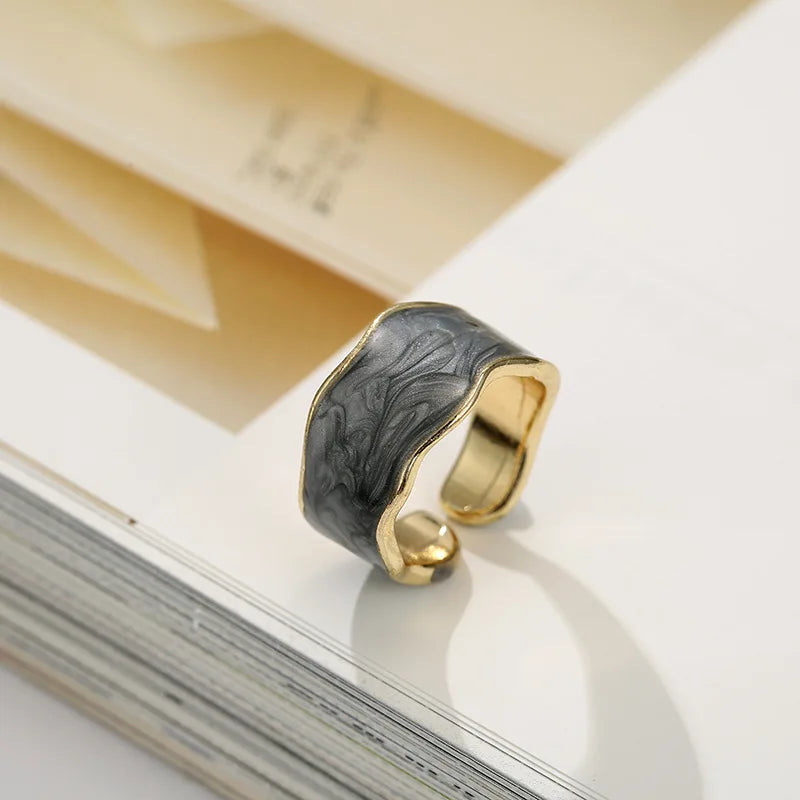 Vintage Gold Geometric Adjustable Ring Elegant Enamel Jewelry for Women Adjustable 7
