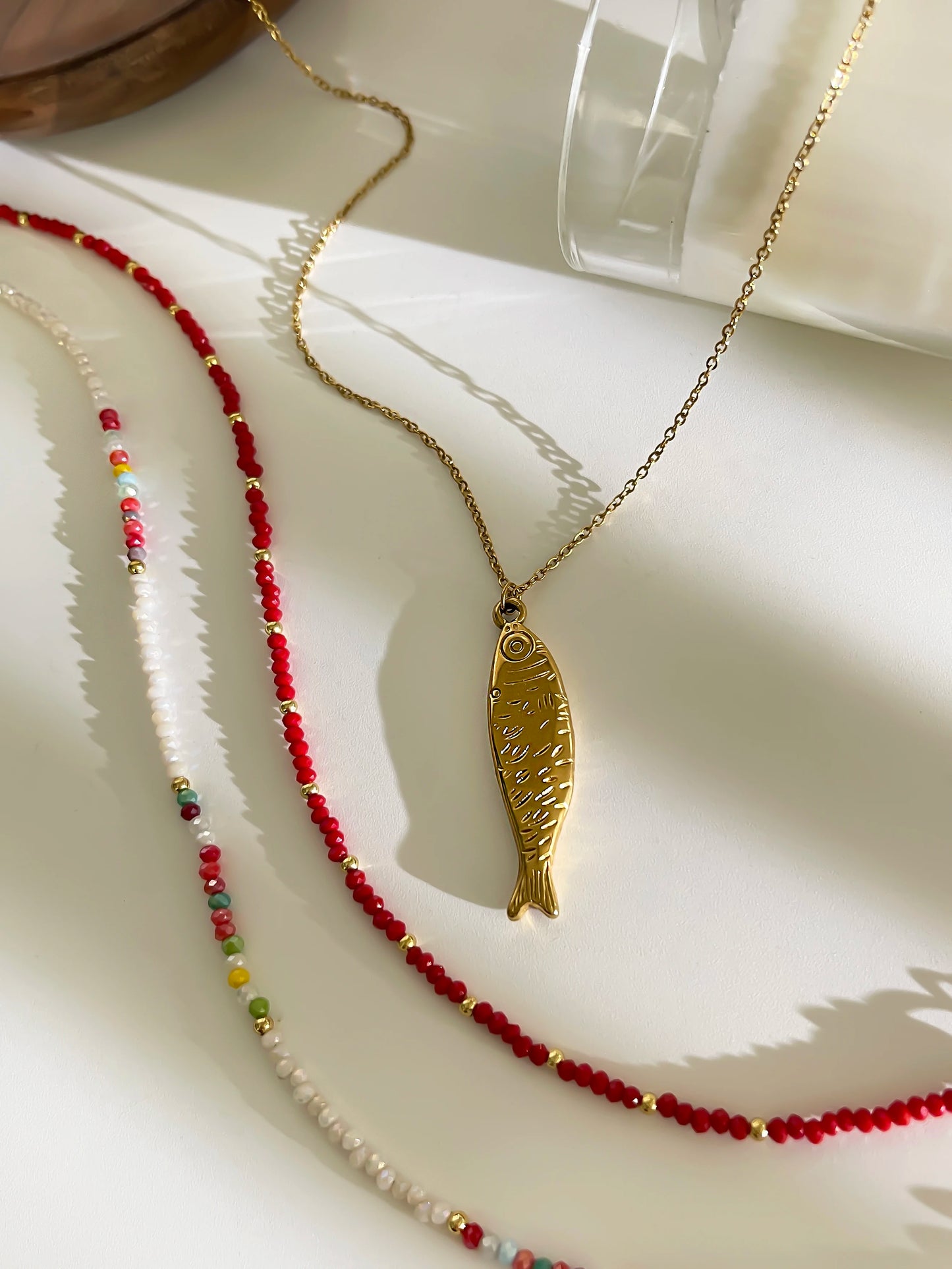 PerisBox Boho Colorful Acrylic Beaded Necklace with 18K Gold Plated Solid Fish Pendant Waterproof Stackable Jewelry for Women