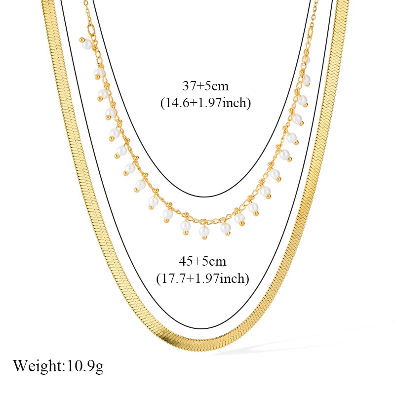 Ganemly Elegant 316L Stainless Steel Double Layer Pearl Necklace for Women 18K Gold Plated Waterproof Fashion Jewelry