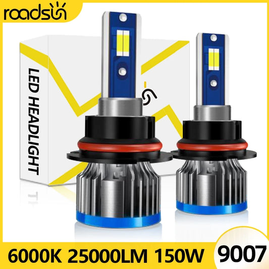 High-Performance 9007 LED Car Headlight Bulbs with CSP Chips 150W 25000LM 6000K Cold White for Hi/Lo Beams and Fog Lamps