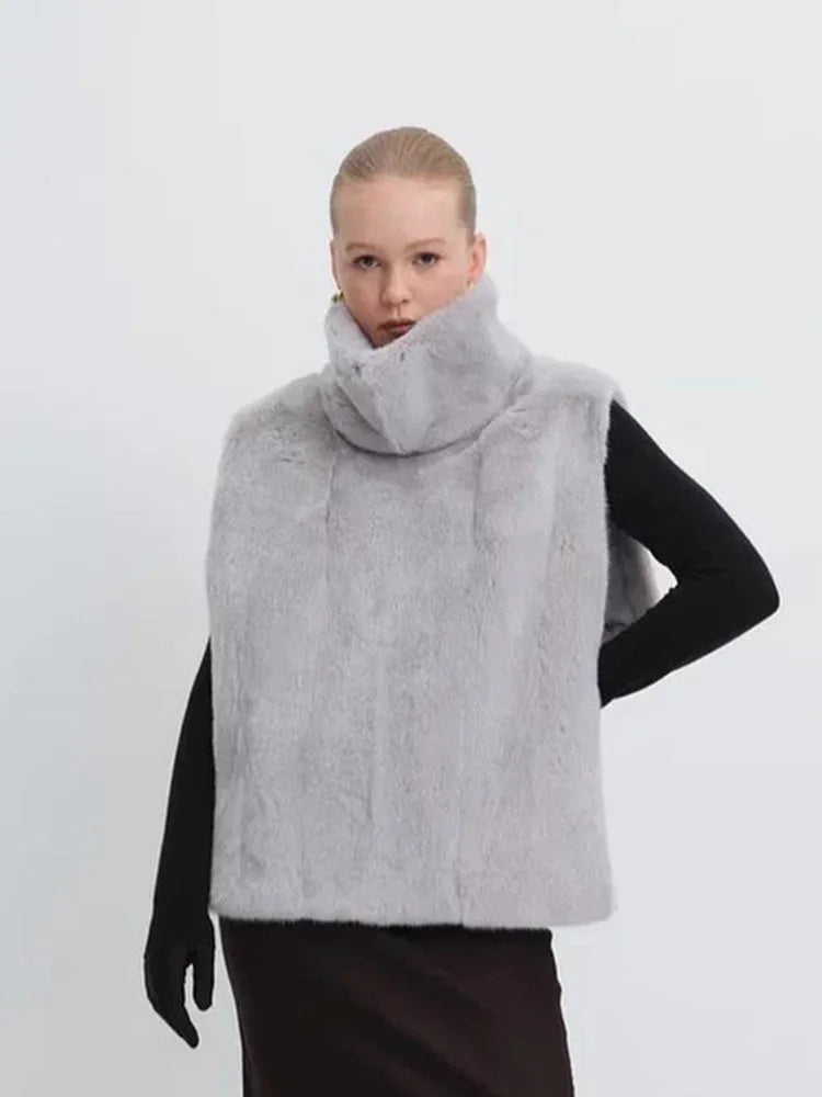 Solid Color Half Turtleneck Furry Sleeveless Patchwork Top