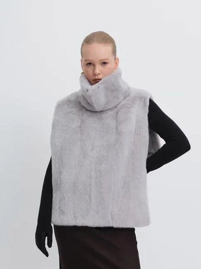 Solid Color Half Turtleneck Furry Sleeveless Patchwork Top