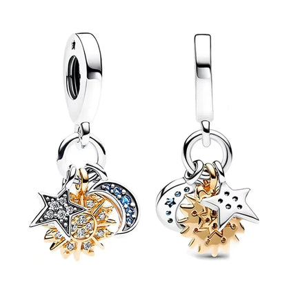925 Sterling Silver Charms Set Moon Stars Sun Flower Heart Zircon Beads for DIY Jewelry and Gifts