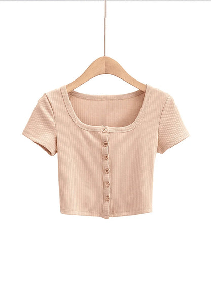 Women Ribbed Button Through Short Sleeve Slim Jersey Top