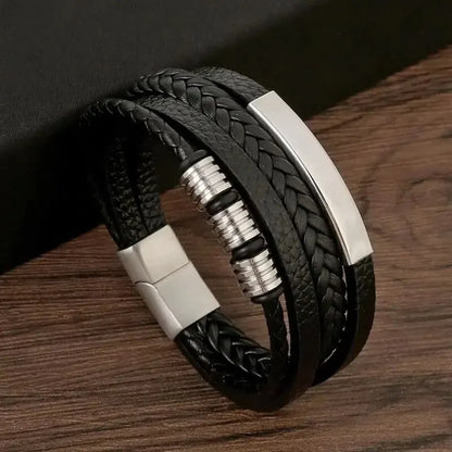 Multi-Layered PU Leather Men's Bracelet With Magnetic Closure And Gold Metal Tube Charm ASL70044S