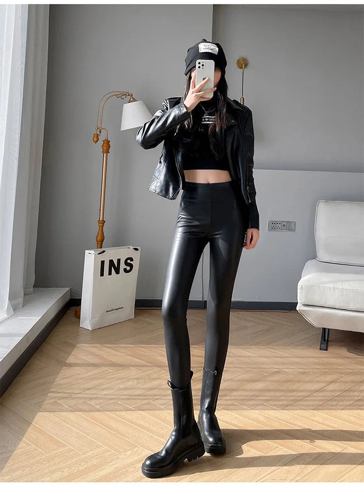 Women Fleece Matte PU Leather Leggings Elastic Slim Skinny