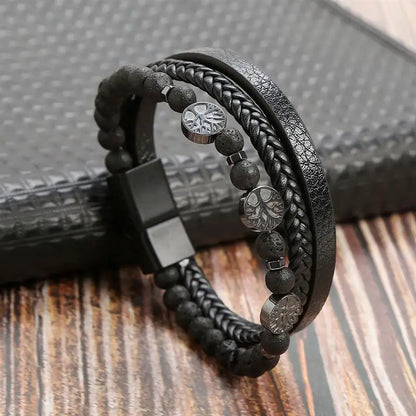 Men's Leather Bracelet with Stainless Steel Tree of Life Charm - Stylish Multi-Layer Fashion Accessory