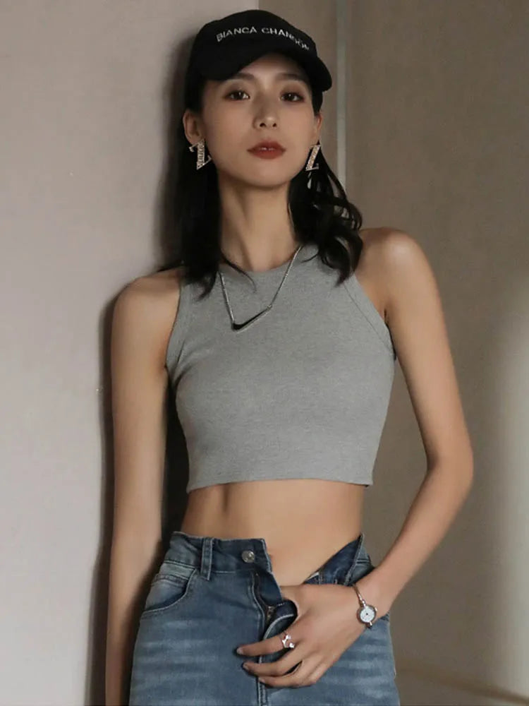 Chic White Ribbed Knit Halter Crop Top For Women Casual