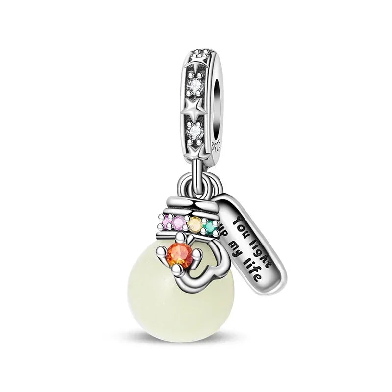 Authentic Luminous Firefly Bee Light Bulb Charm Ring Earrings 925 Sterling Silver DIY Jewelry Gift
