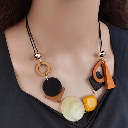 Vintage Wooden Geometric Pendant Necklace for Women Ethnic Handmade Statement Jewelry