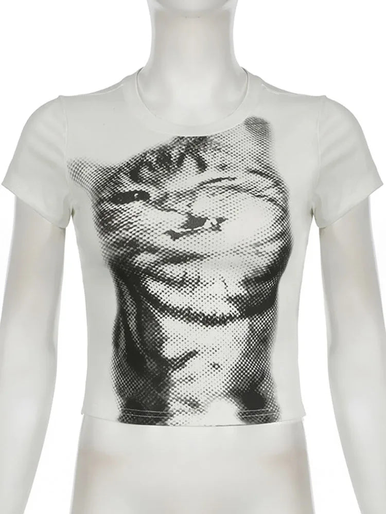 Harajuku Animal Print Crop Top White Slim Crewneck Vintage
