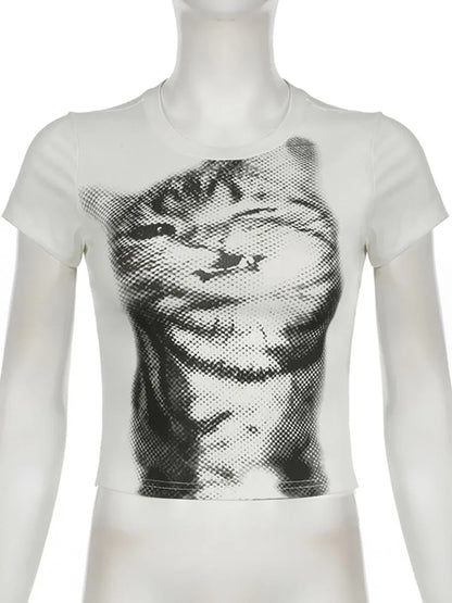 Harajuku Animal Print Crop Top White Slim Crewneck Vintage