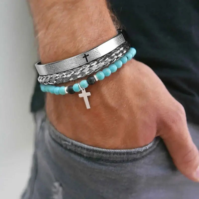 3pcs Set Men Stainless Steel Carving Bangle Cross Bracelet