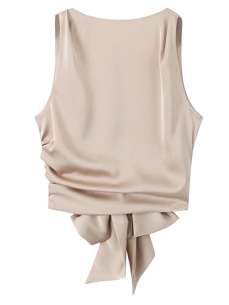 DozwCN Women Bow Backless Cropped Tank Top Solid Chic