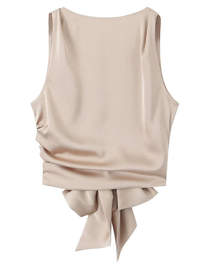 DozwCN Women Bow Backless Cropped Tank Top Solid Chic