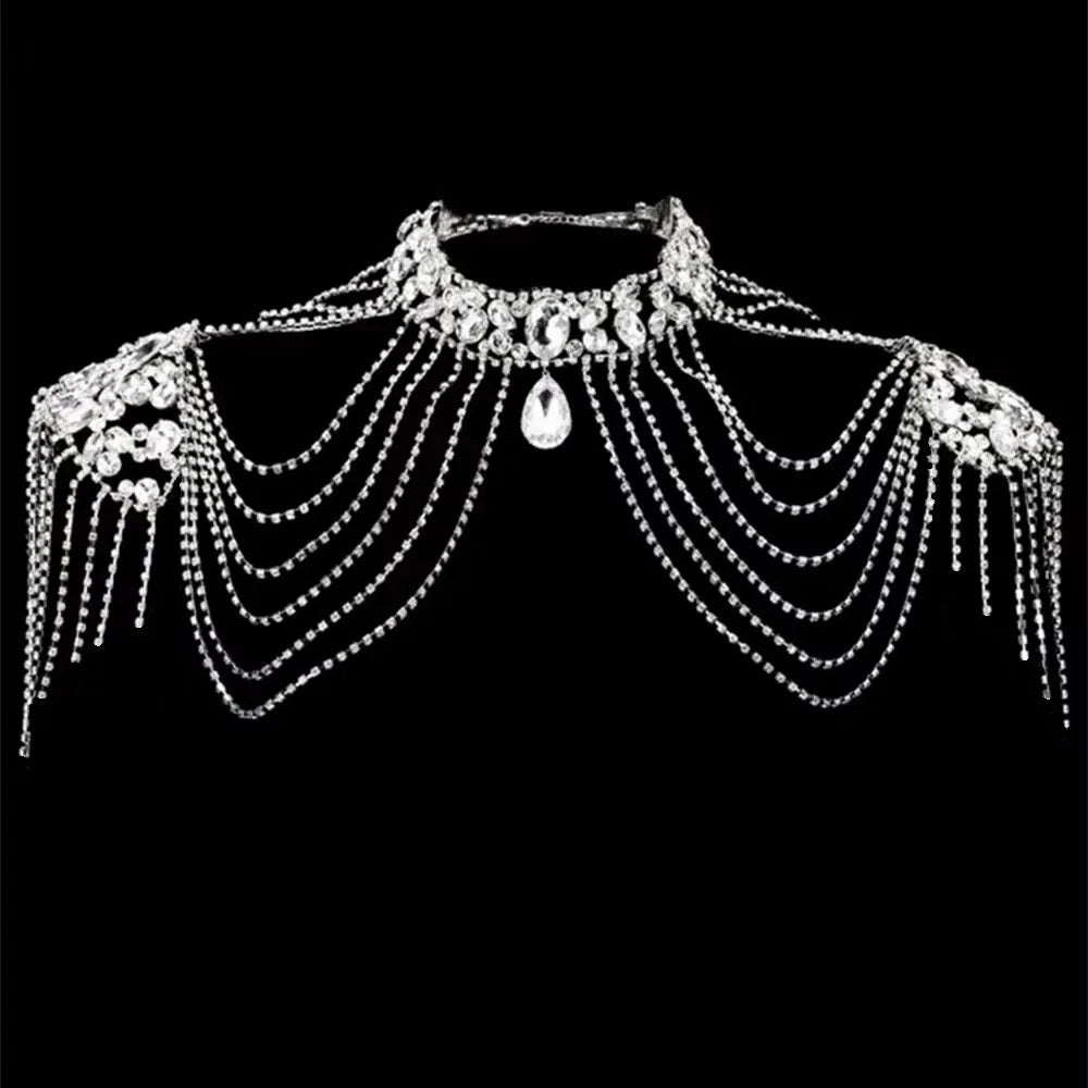Bridal Bliss Crystal Chain Tassel Shoulder Strap Necklace silver