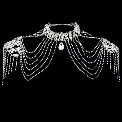 Bridal Bliss Crystal Chain Tassel Shoulder Strap Necklace silver