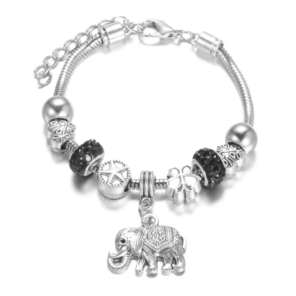 Elegant Heart Lock Charm Beaded Bangle Adjustable Snake Chain Bracelet for Women