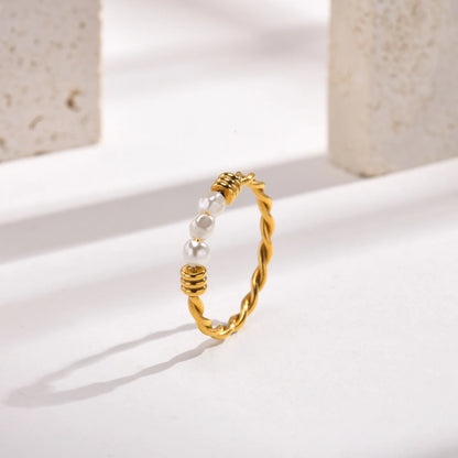 Elegant Gold-Plated Braided Pearl Ring for Women - Stackable Wedding or Party Jewelry