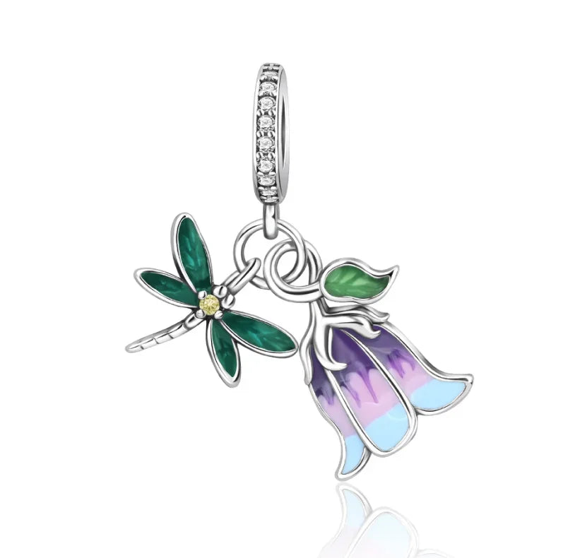 925 Sterling Silver Rose Sakura Flower Dangle Charm with Zircon for DIY Jewelry and Bracelets