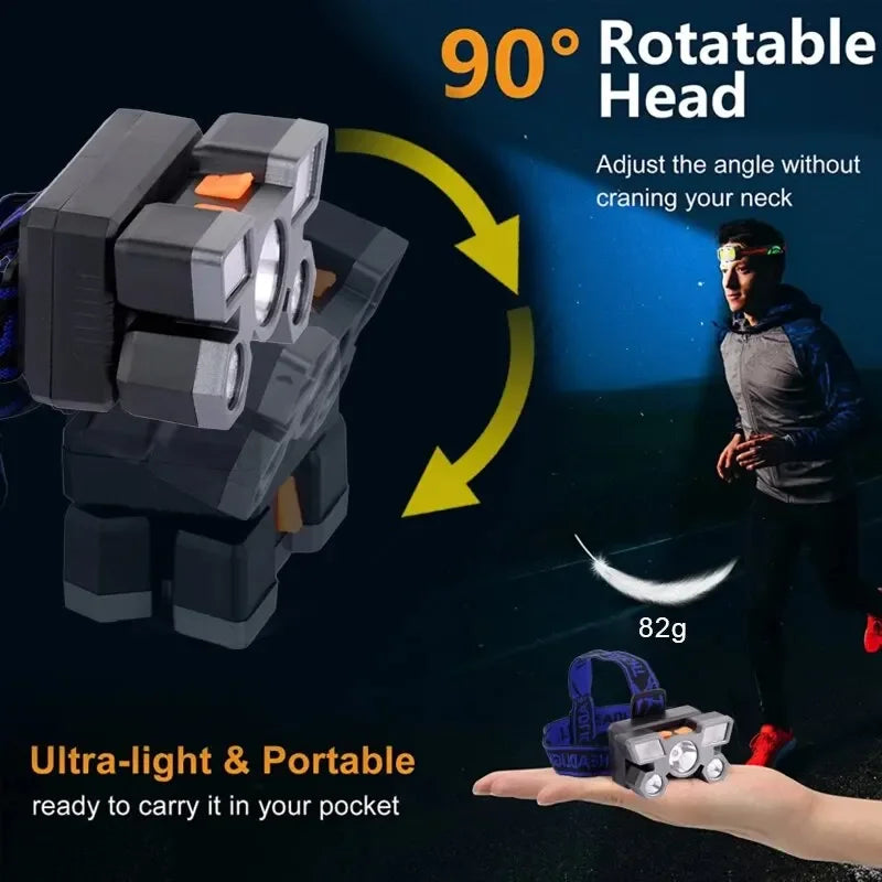 5LED Bright Headlamp Rechargeable Waterproof Adjustable 4Modes Lightweight Outdoor Gear