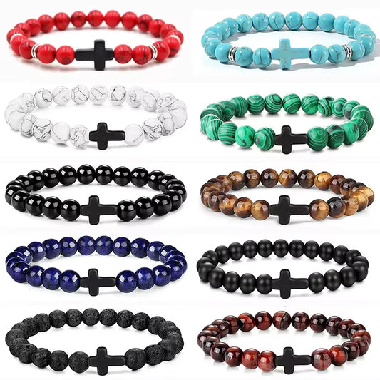 Men's Hematite Cross Bracelet with Natural Stone and Wood Beads for Meditation and Yoga