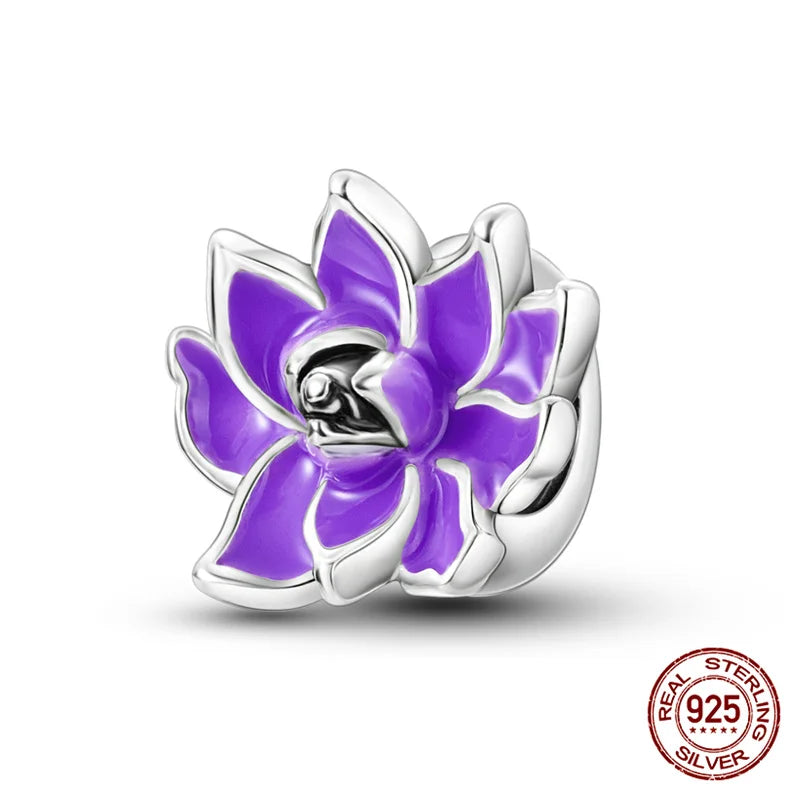 Elegant Sterling Silver Purple Flower Beads for DIY Jewelry and Charm Bracelets
